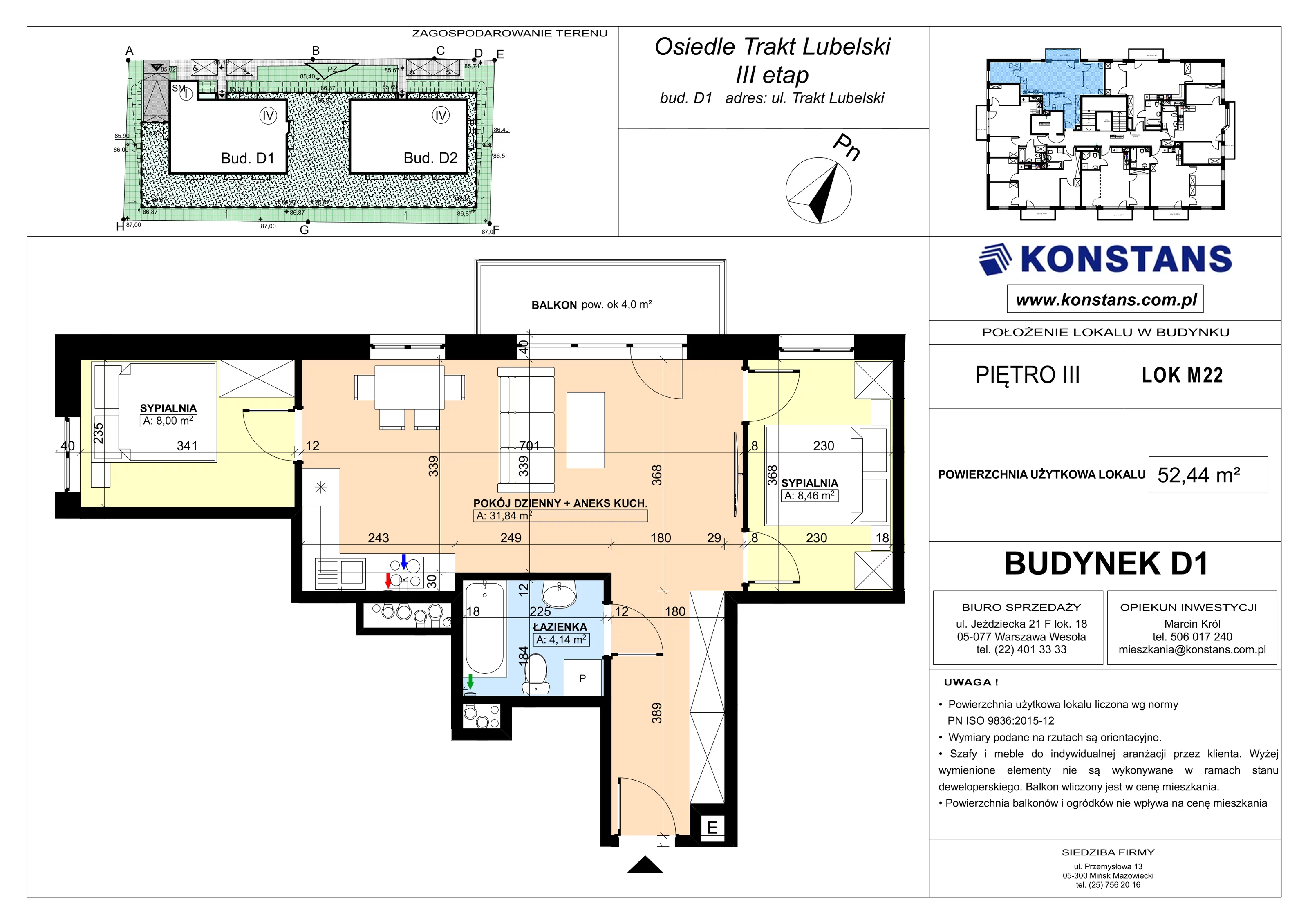 3 pokoje, mieszkanie 52,44 m², piętro 3, oferta nr D1.22, Trakt Lubelski Etap III, Warszawa, Wawer, Zbytki, ul. Trakt Lubelski 181C/181D